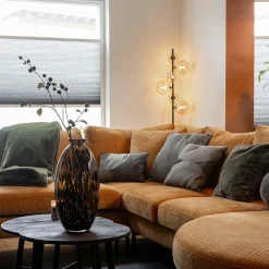 Art Deco vloerlamp zwart met amber glazen bollen