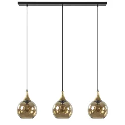 Chique 3-lichts hanglamp zwart/goud met amber glas