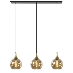 Chique 3-lichts hanglamp zwart/goud met amber glas