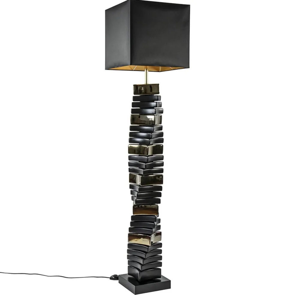 Design vloerlamp keramiek zwart/goud met zwarte kap