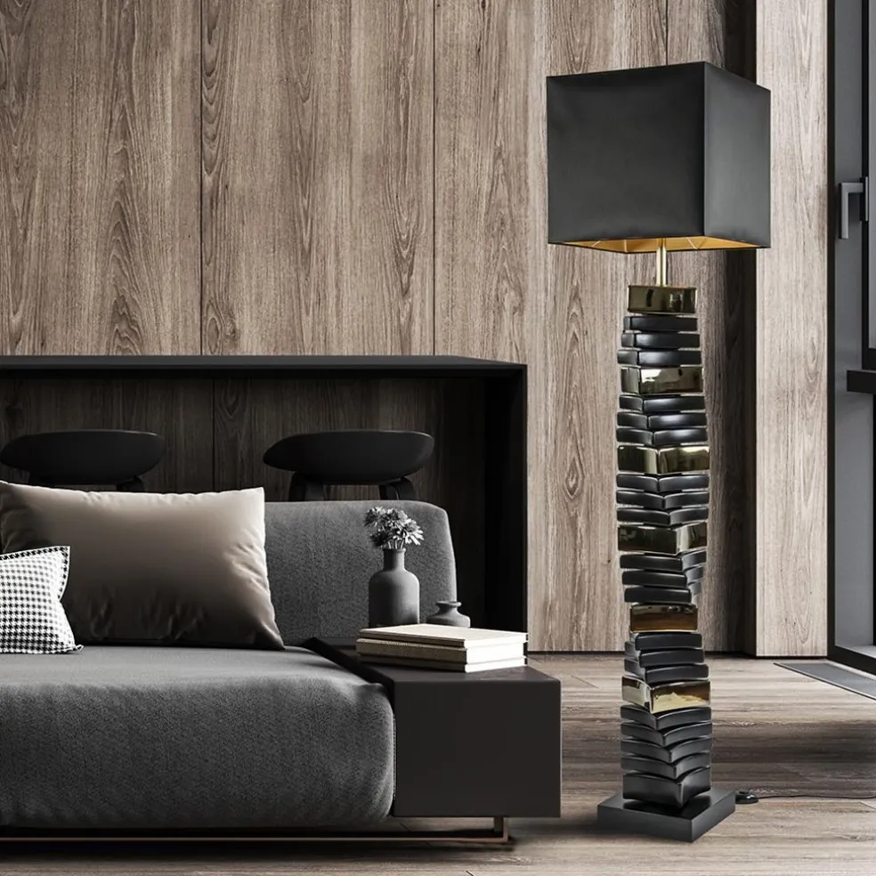 Design vloerlamp keramiek zwart/goud met zwarte kap