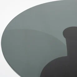 Eetkamertafel ronde glazen plaat zwart met mango houten voet