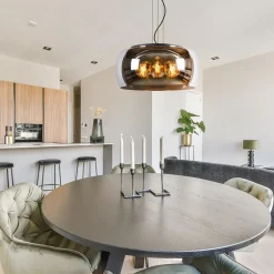 Grote hanglamp zwart met smoke glazen kap