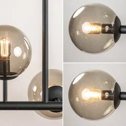 Grote 10-lichts hanglamp mat zwart met smoke glazen bollen