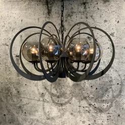 Grote ronde hanglamp metaal  met smoke glas en spot