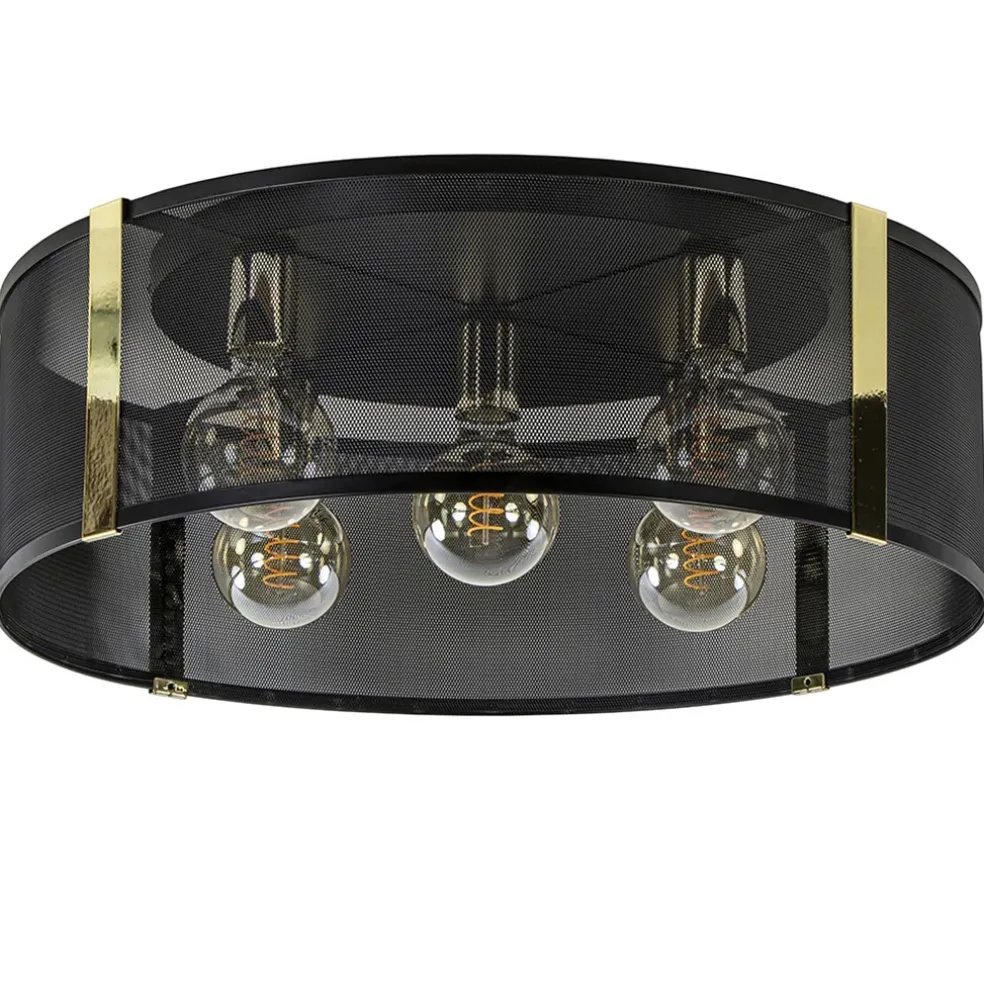Grote ronde plafondlamp zwart gaas met goud