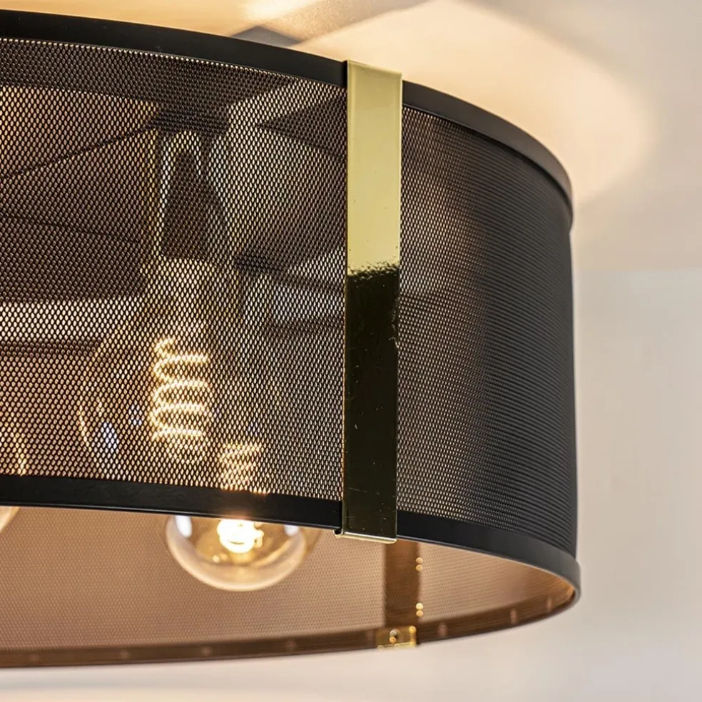 Grote ronde plafondlamp zwart gaas met goud