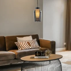 Hanglamp 1 lichts zwart/marmer met smoke glas