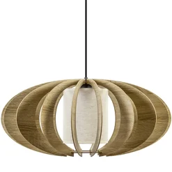 Hanglamp 64cm houten lamellen+linnen kap