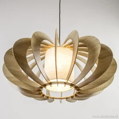 Hanglamp 64cm houten lamellen+linnen kap