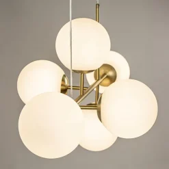 Hanglamp 6L brass met opaal bolglas