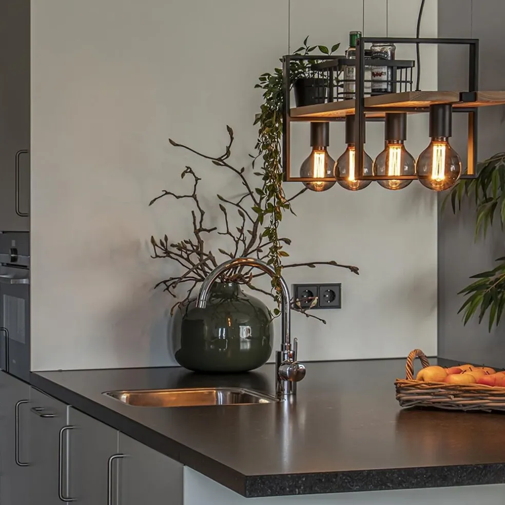 Hanglamp 4L zwart met houten planken