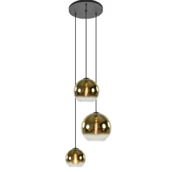 Hanglamp 3-lichts rond zwart met goud gradient glas