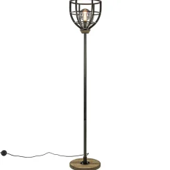 Industriële vloerlamp zwart staal met houten details