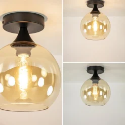 Kleine plafondlamp zwart met amber glazen bol