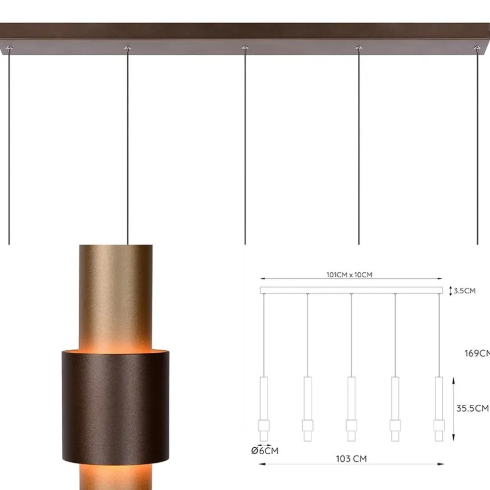 Landelijke 5-lichts LED hanglamp cilinders bruin