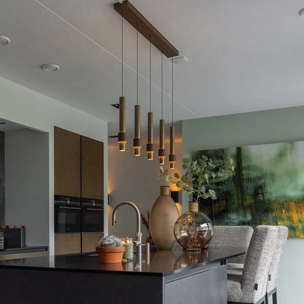 Landelijke 5-lichts LED hanglamp cilinders bruin