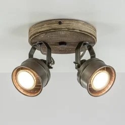 Landelijke 2-lichts opbouwspot gun metal met hout