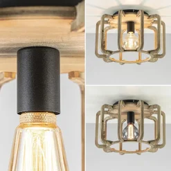 Landelijke plafondlamp ruw hout mat zwart