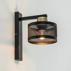 Landelijke wandlamp zwart/goud met ronde kap