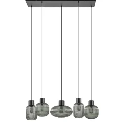 5-Lichts eettafelhanglamp geribbeld smoke glas met zwart