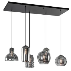 6-Lichts eettafelhanglamp met smoke/titanium glas
