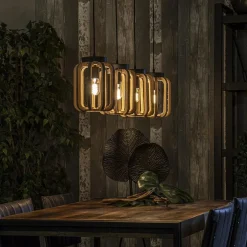 4-Lichts eettafelhanglamp mat zwart met ruw hout