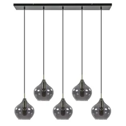 5-Lichts eettafelhanglamp Rakel antiek brass met smoke glas