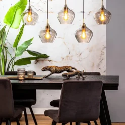 5-Lichts eettafelhanglamp Rakel antiek brass met smoke glas