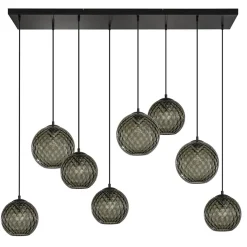 8-Lichts eettafelhanglamp zwart met smoke glazen kappen reliëf