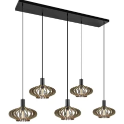 5-Lichts hanglamp zwart met naturel houten kappen