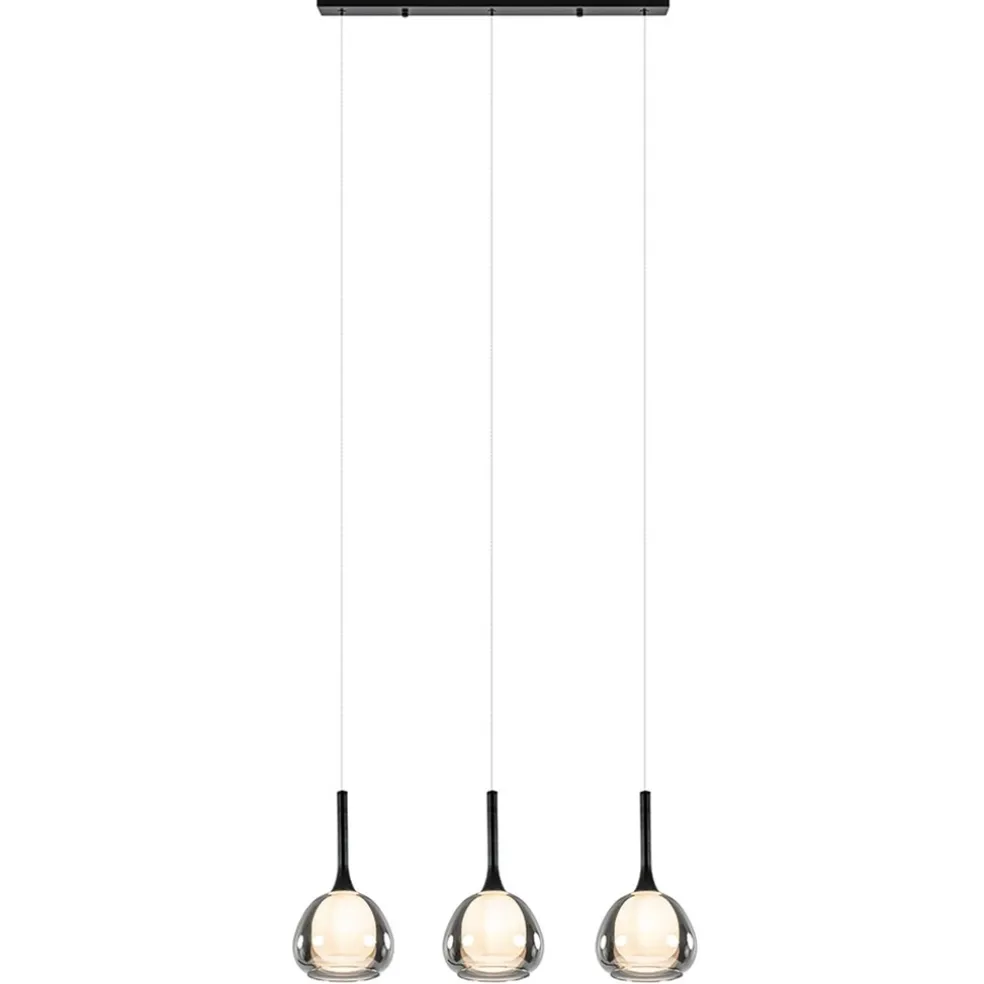 3-Lichts hanglamp zwart met smoke glazen kappen