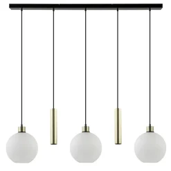 5-Lichts hanglamp zwart-goud met opaal glas