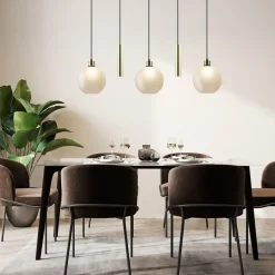 5-Lichts hanglamp zwart-goud met opaal glas