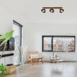 3-Lichts plafondlamp zwart met verstelbare houten kappen