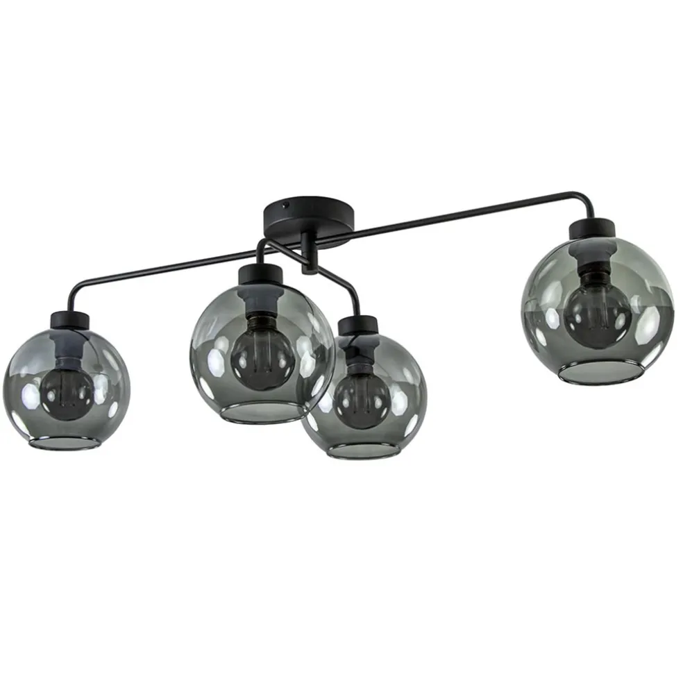 4-Lichts plafondlamp zwart met smoke glazen bollen
