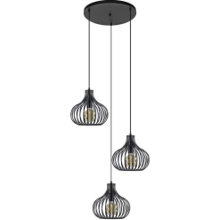 3-Lichts ronde hanglamp met zwarte draadkappen