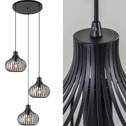 3-Lichts ronde hanglamp met zwarte draadkappen