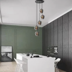 5-Lichts ronde hanglamp zwart met smokey glas