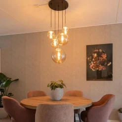 Luxe 5-lichts videlamp messing met amber glazen bollen