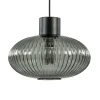 Mat zwarte hanglamp met geribbeld smoke glas ovaal