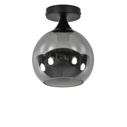 Mat zwarte plafondlamp met smoke glazen bol klein