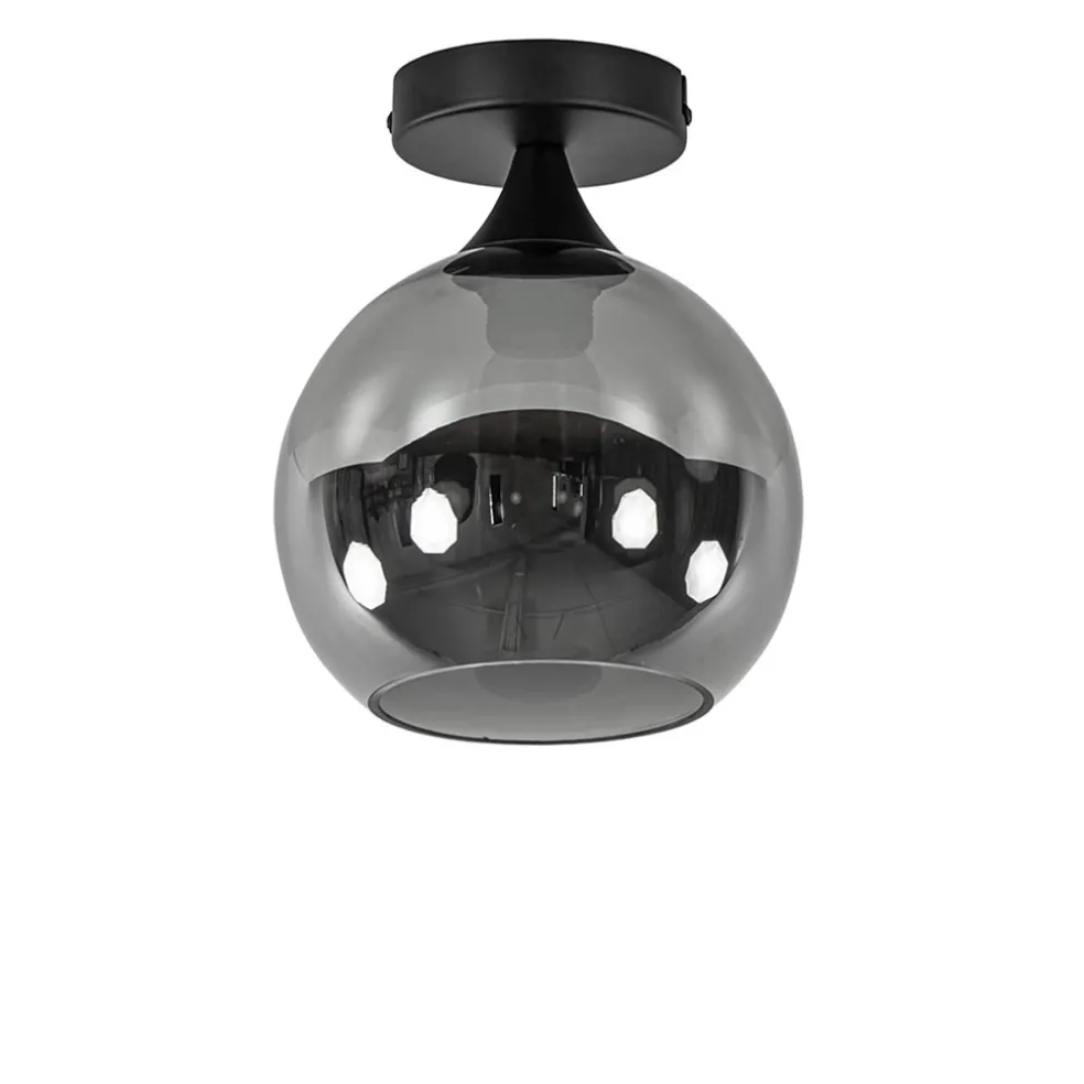 Mat zwarte plafondlamp met smoke glazen bol klein