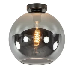 Mat zwarte plafondlamp met smoke glazen bol 30 cm