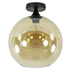 Mat zwarte plafondlamp met amber glazen bol 30 cm