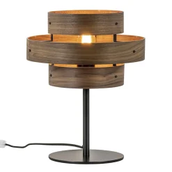 Mat zwarte tafellamp met walnoot houten kap