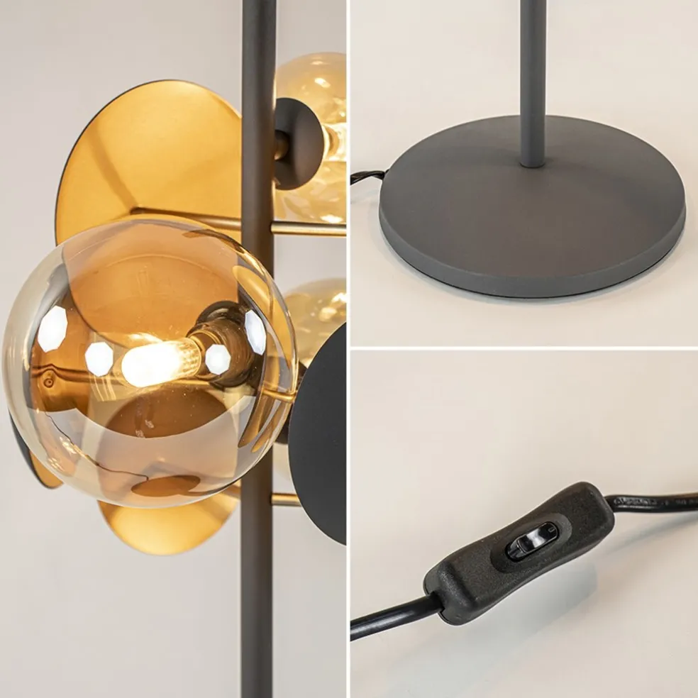 Moderne tafellamp grijs/goud + amber glas