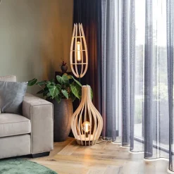 Naturel houten tafel/vloerlamp kegel met zwart
