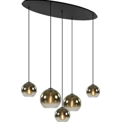 Ovale 5-lichts hanglamp met glazen bollen gold gradient