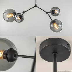 Plafondlamp 4-armen zwart+smoke bolglas
